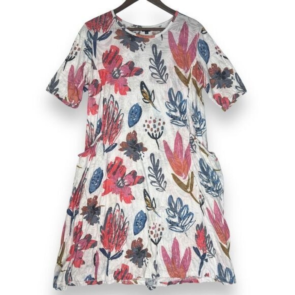 Shana Floral Short Sleeve Dress Watercolor Botanical Slub Knit‎ Crinkle XS Artsy
